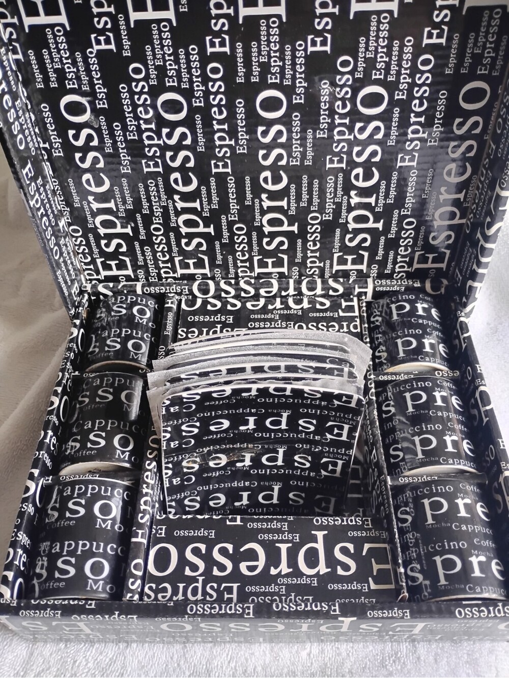 Espresso Coffee Pod & Capsule Set in Display Box, Black/White "Espresso" Print